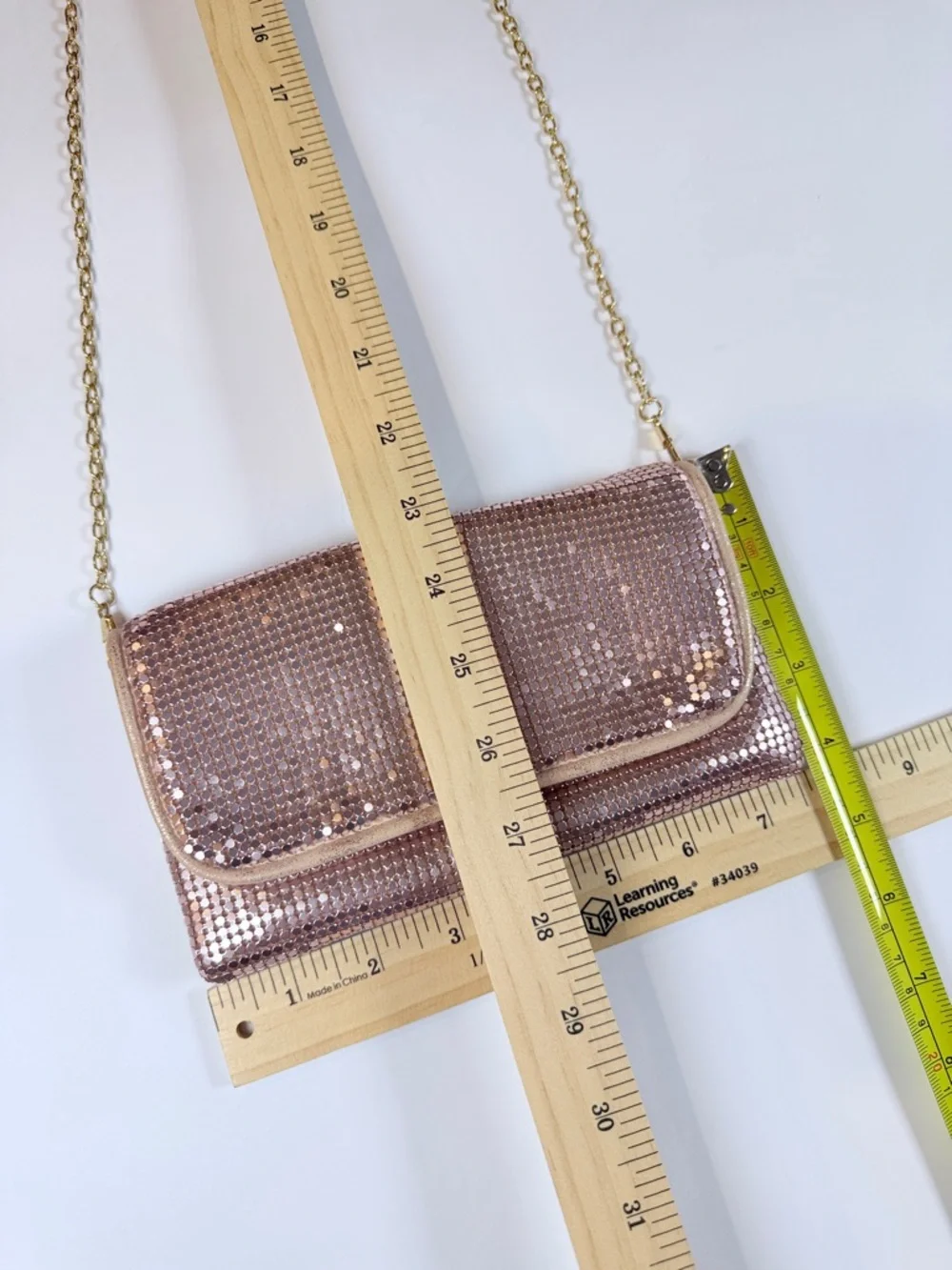 Metallic Rose Gold Clutch Crossbody Bag with Gold Chain‎ Detachable Strap